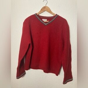 Vintage Arizona 100% wool Vneck red sweater with gray trim XL
